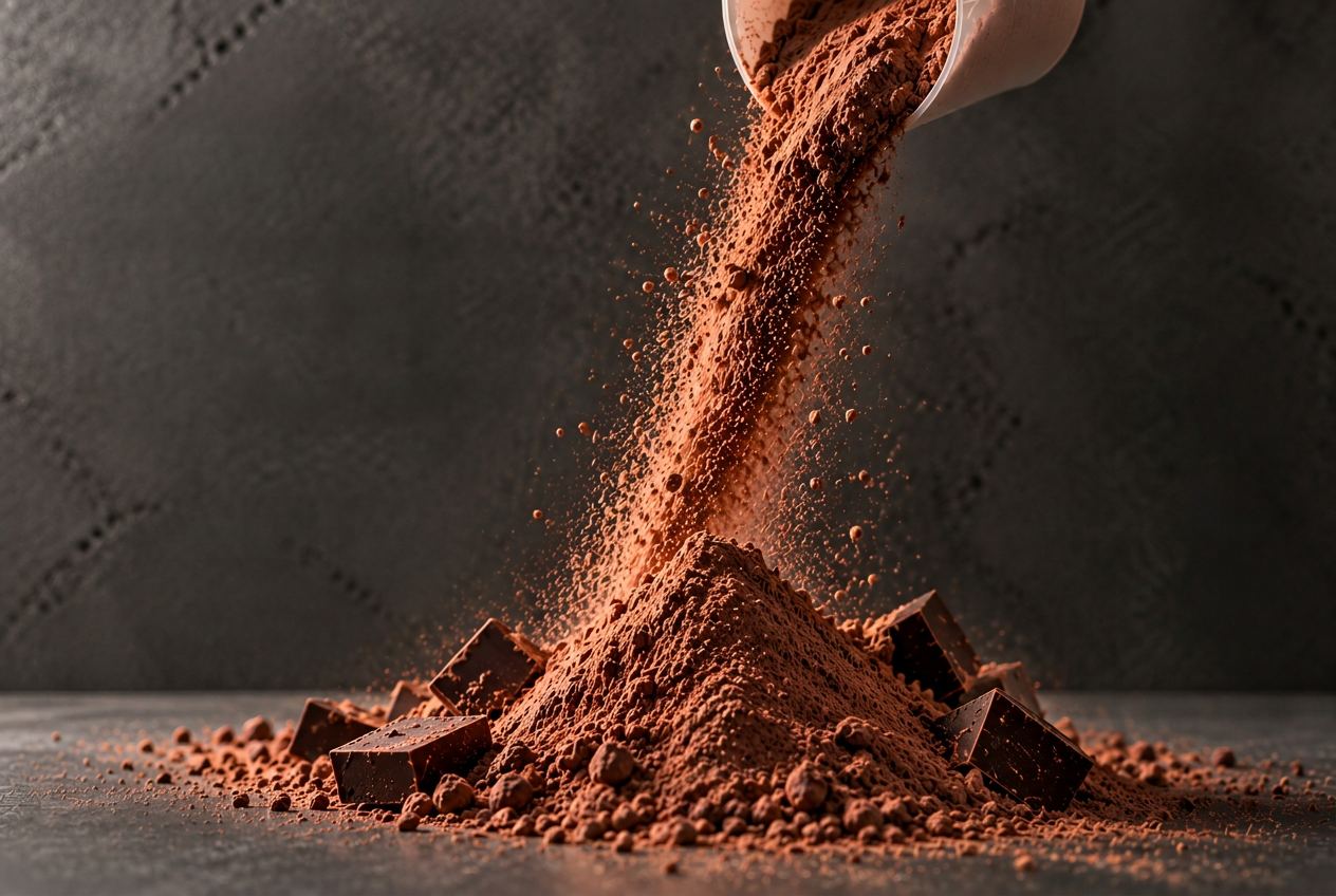 Chocolate protein powder pouring into a mound on a dark surface