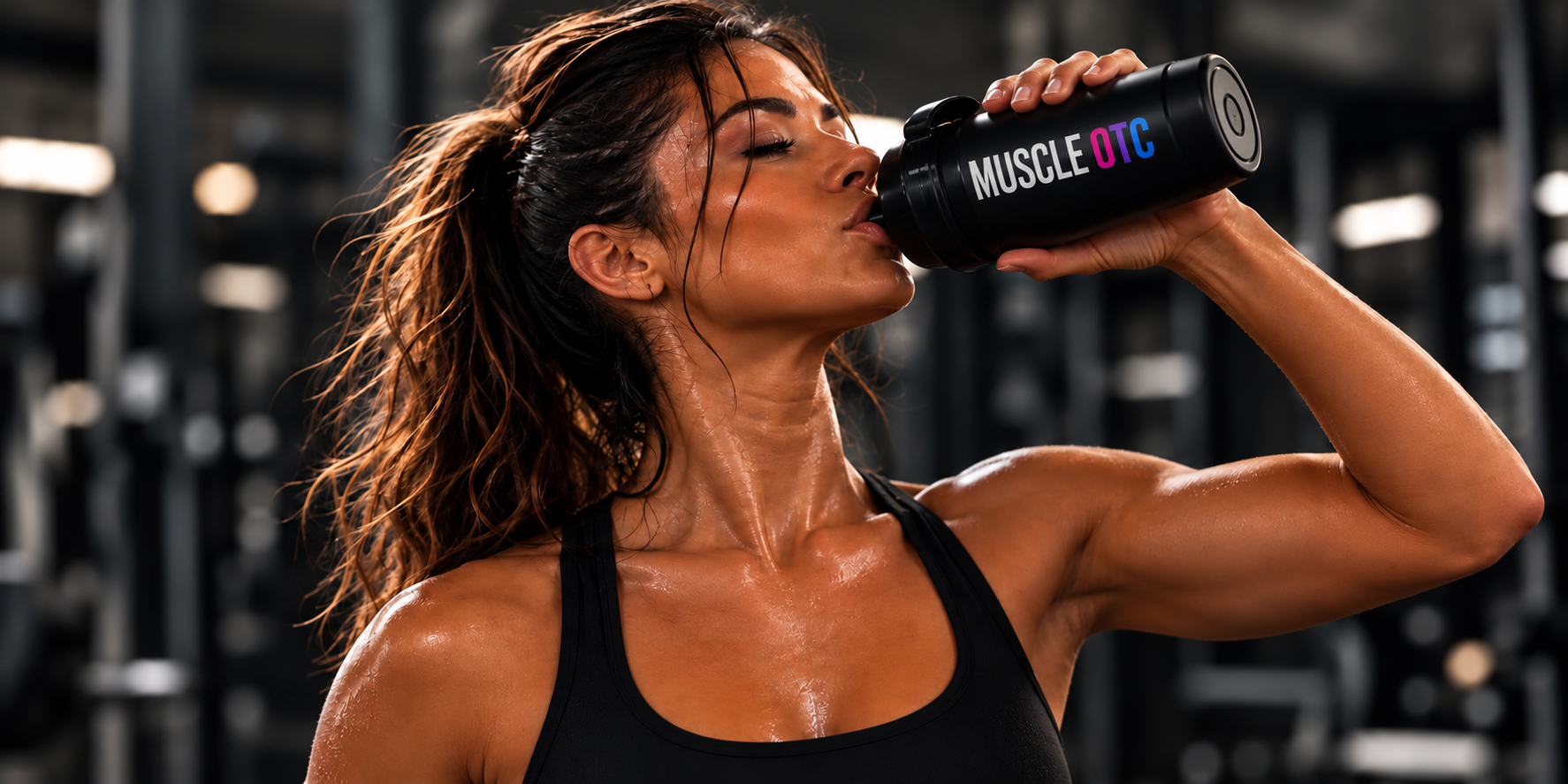 Young woman drinking from a MUSCLE OTC shaker after training